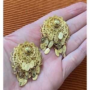 Art Deco Style Gold Tone Round Clip On Earrings